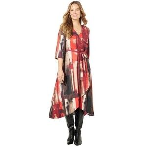 Catherine’s Womens 3X Faux Wrap Dress 3/4 Sleeve Poppy Red Abstract Brushstroke